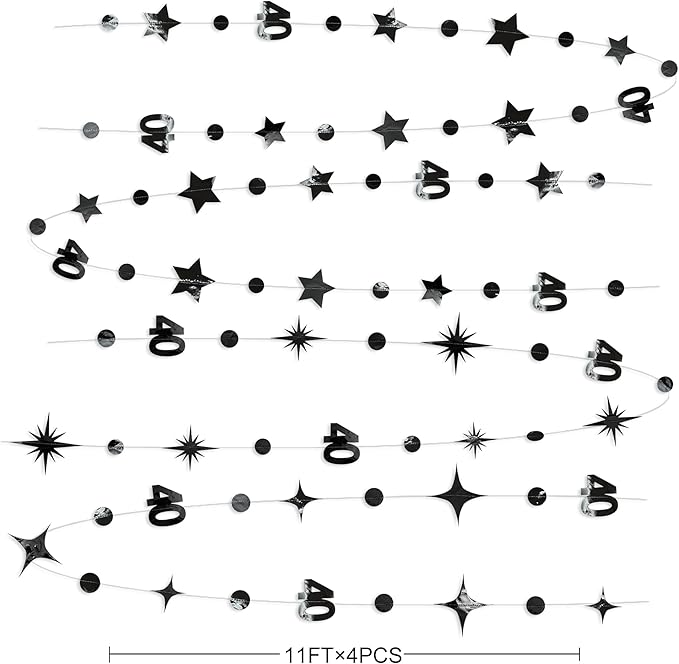 Black 40th Birthday Decorations Number 40 Circle Dot Twinkle Star Garland - Image 2