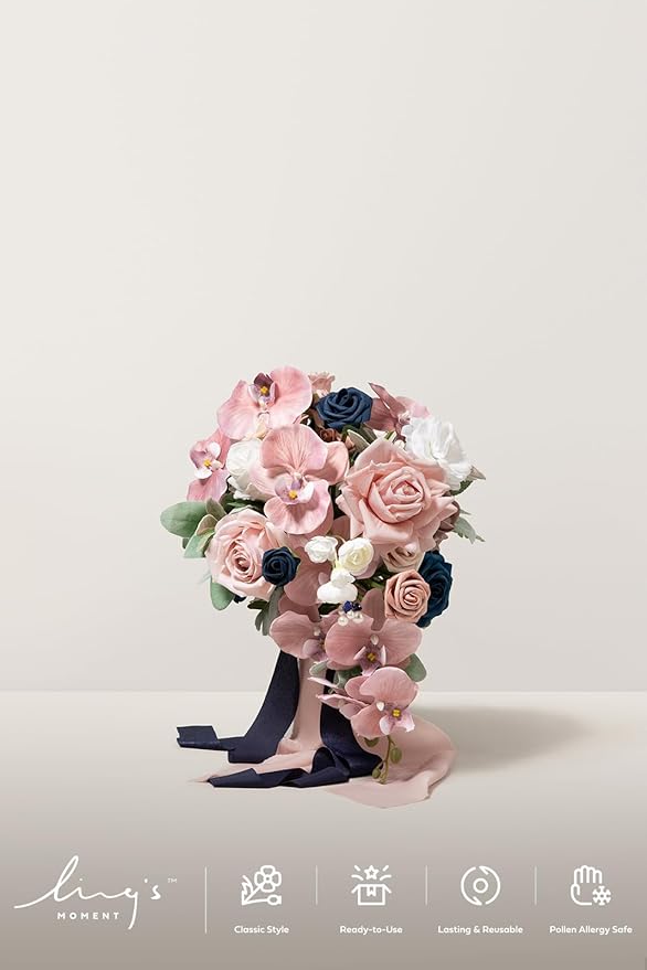 Ling's moment Pink Blue Bridal Bouquet Cascading, Dusty Rose Navy Wedding - Image 3