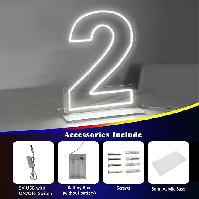 Number 2 Neon Sign for Bedroom, 16.54" Cool White USB Battery Powered Birthday - Image 2