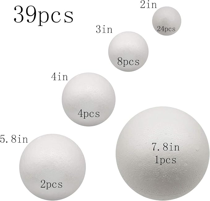 FFchuanhe 39 Pack Craft Foam Balls, 5 Sizes Including 2-7.8 in, Polystyrene - Image 2