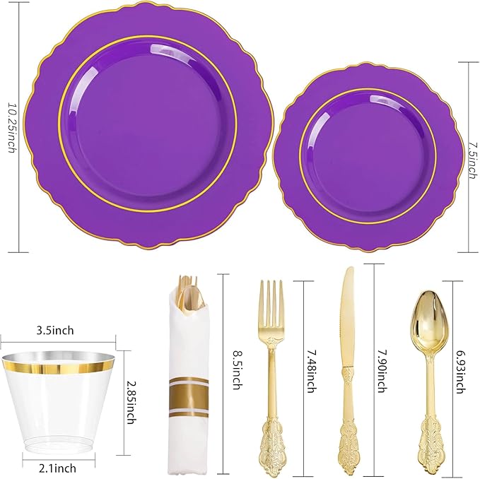 Liacere 350PCS Purple Plastic Plates-Disposable Purple and Gold Plates 50 guest - Image 2