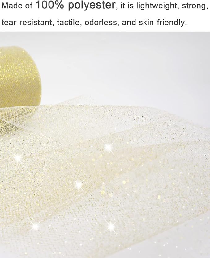 Glitter Gold Tulle Fabric Rolls, 6 Inch 50 Yards Sparkling Spool Ribbon Sequin - Image 5