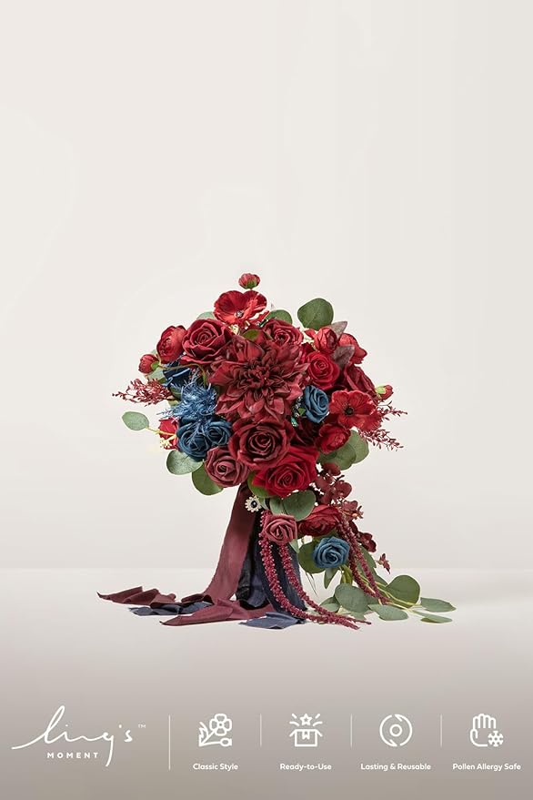 Ling's moment Navy Blue Burgandy Bridal Bouquet Cascading, Jewel Tone Wedding - Image 3