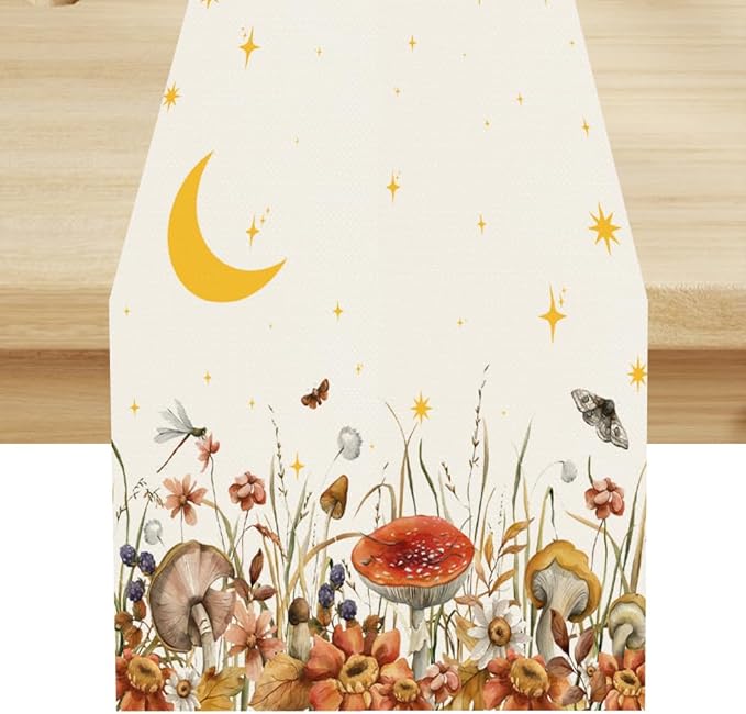 Mushroom Kitchen Table Runner, Gothic Moon Star Plants Witchy Moonlit Flower by ShiTingYu