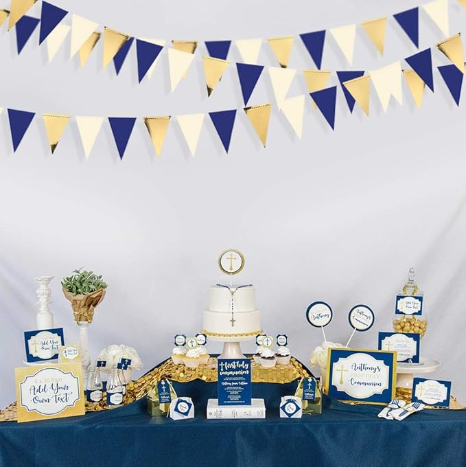 30Ft Navy Blue Gold and Beige Party Decorations Royal Blue Gold Triangle Flag - Image 4