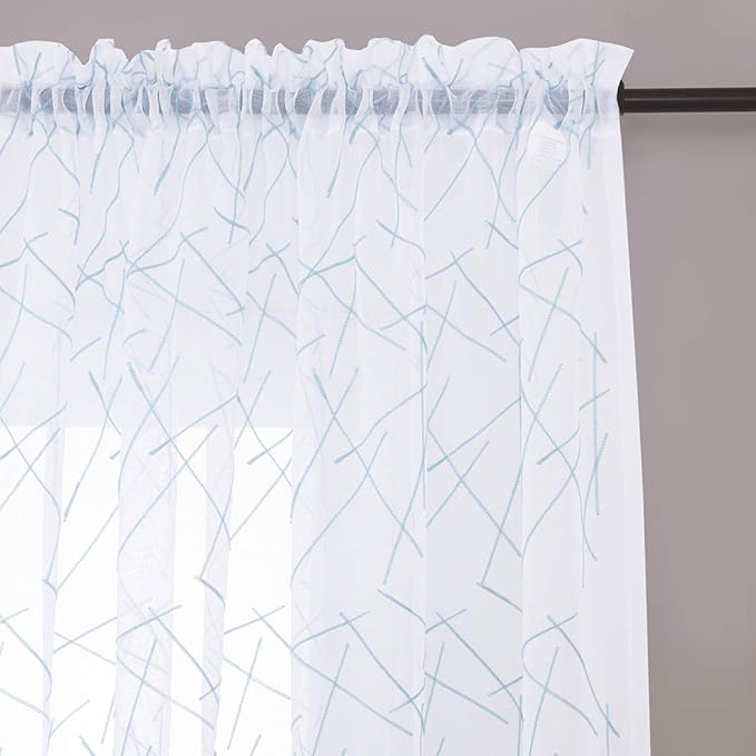 MYSTIC-HOME Sheer Blue Curtains 95 Inches Embroidered Branch Patterned Semi - Image 2