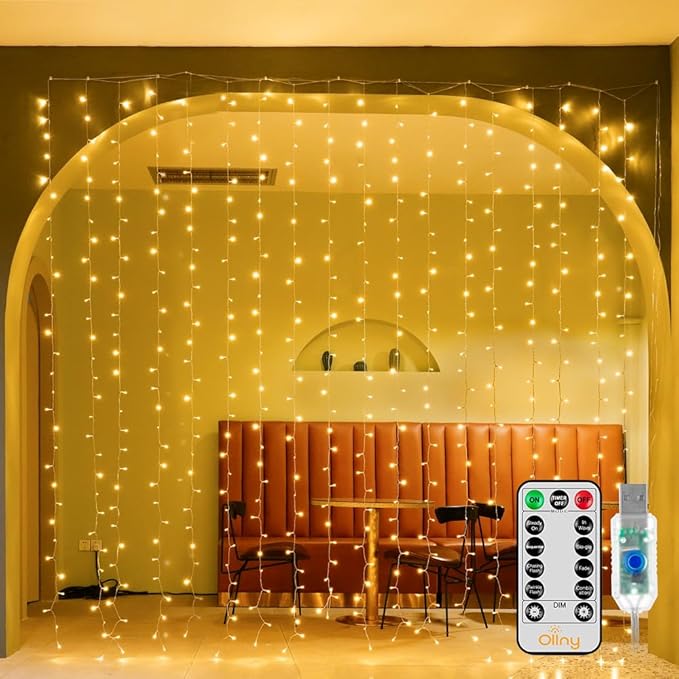 Ollny Christmas Curtain Lights 300 LED 9.8 FTx9.8 FT, Outdoor Waterproof by Ollny