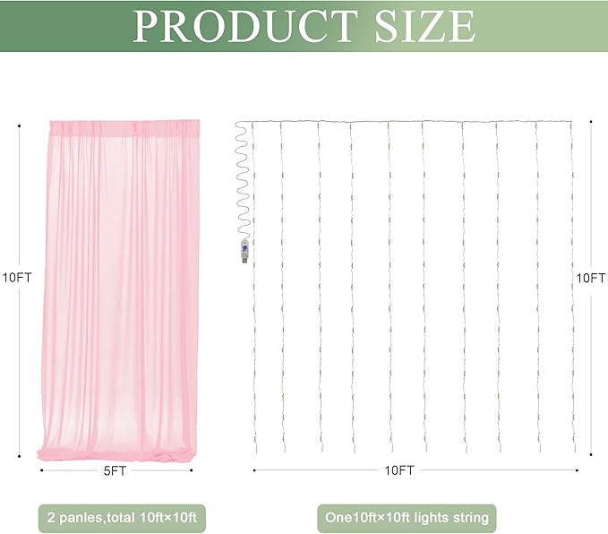 Tulle Backdrop Curtain with Lights String 10FT X 10FT Pink Sheer Tulle Backdrop - Image 2