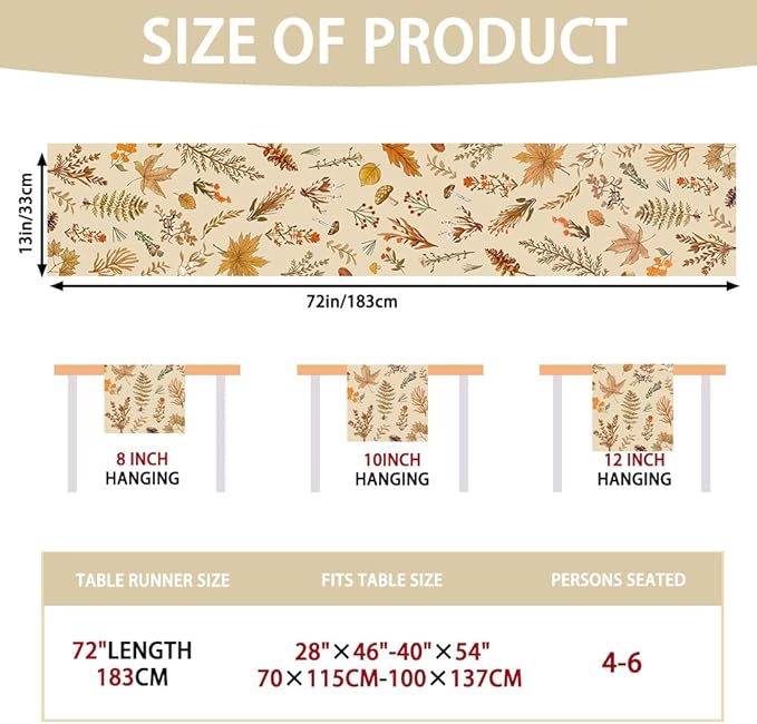 Grey Wildflower Leaves Floral Fall Table Runner, Seasonal Autumn Harvest - Image 3