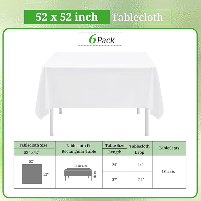 6 Pack White Square Tablecloths 52 x 52 Inch, Stain and Wrinkle Resistant - Image 2