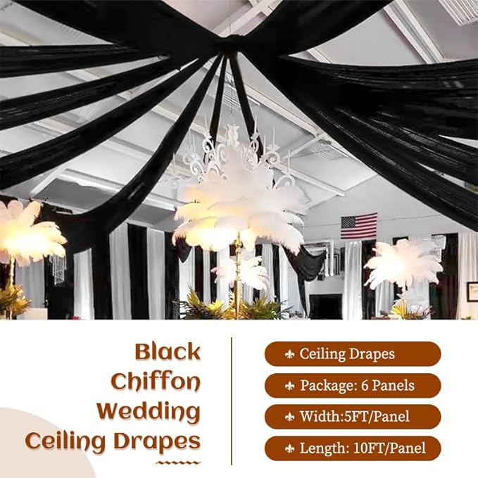6 Panels Black Ceiling Drapes 5ftx10ft Wedding Chiffon Fabric Arch Draping - Image 2