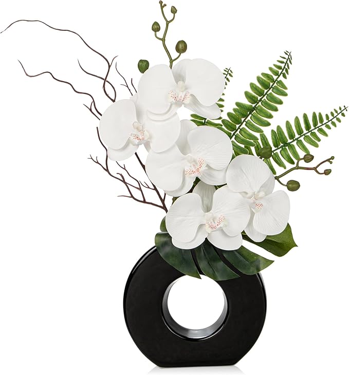 Briful Orchid Fake Flowers 16.1'' White Artificial Orchid Silk Flowers in Black by Briful