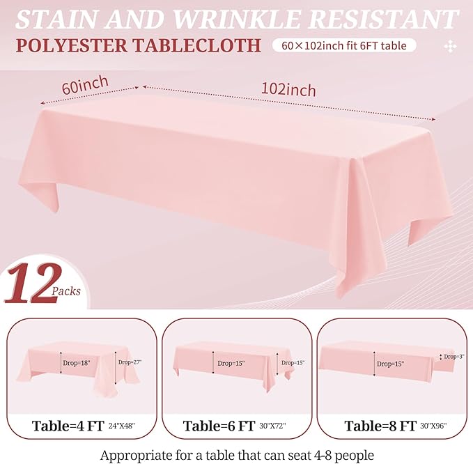 12 Pack Pink Tablecloths for Rectangle Tables 60 x 102 Inch Pink Polyester - Image 2