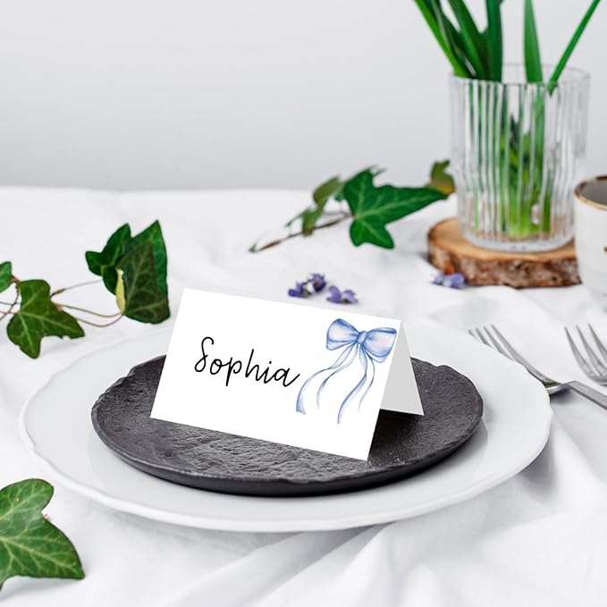 25 Pack Blue Bow Place Cards, Editable Name Cards - Image 4