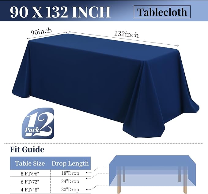 12 Packs 90 x 132 Inch Tablecloth, Stain and Wrinkle Resistant Washable Fabric - Image 2