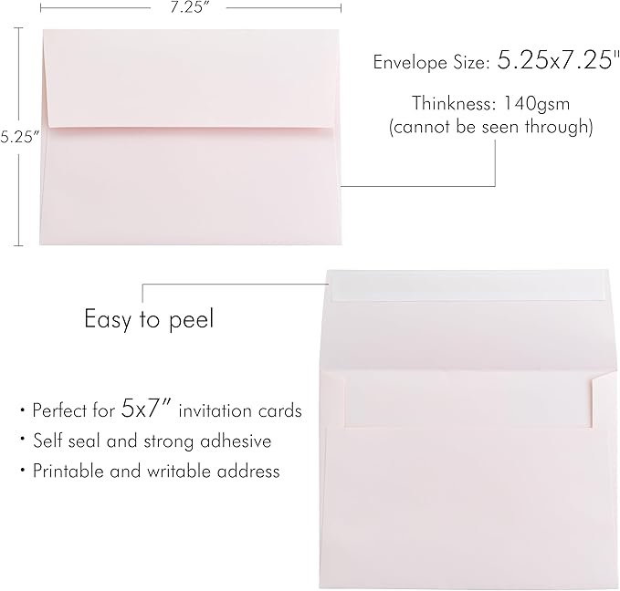 PONATIA 50 PCS 5x7 Envelopes, Blush Pink Self- Adhesive A7 Envelopes - Image 3