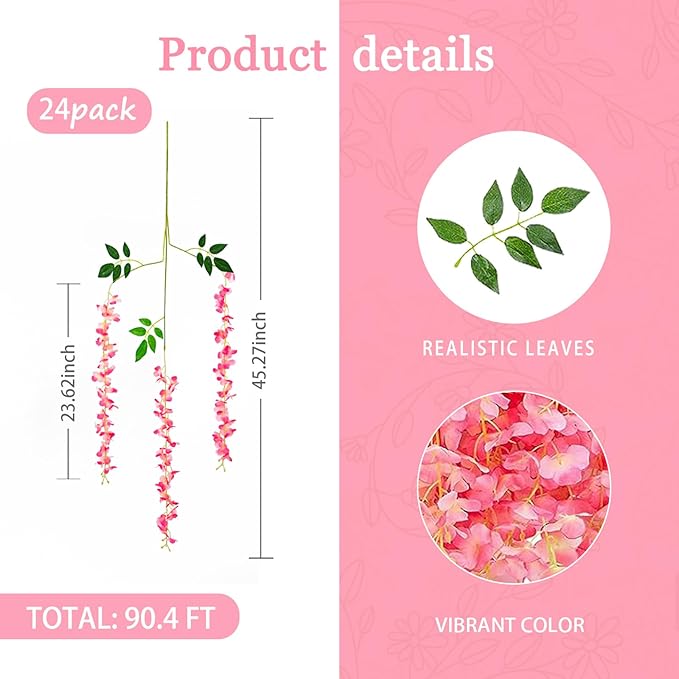 24 Pack Dark Pink Wisteria Hanging Flowers Garland, 3.77 Feet Artificial Flower - Image 3