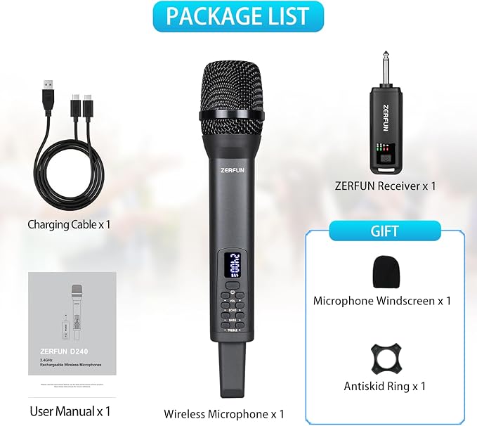 Rechargeable Wireless Microphone, Pro Handheld Cordless Mics System Dynamic - Image 7