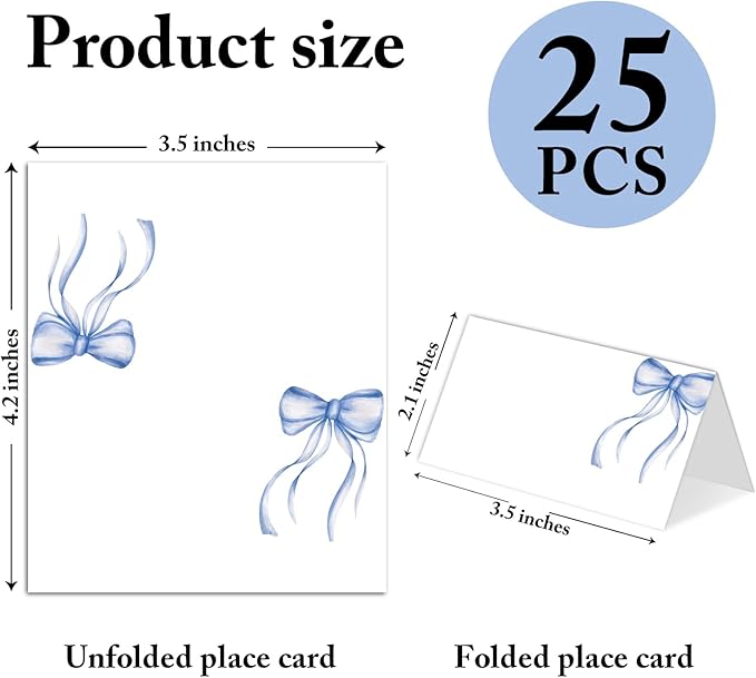 25 Pack Blue Bow Place Cards, Editable Name Cards - Image 2