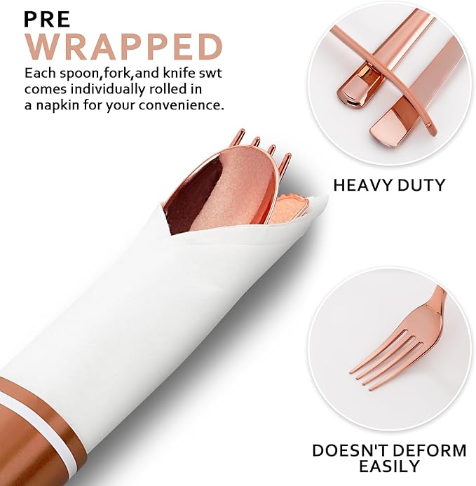 400PCS Pre Rolled Rose Gold Plastic Silverware Sets - Image 8