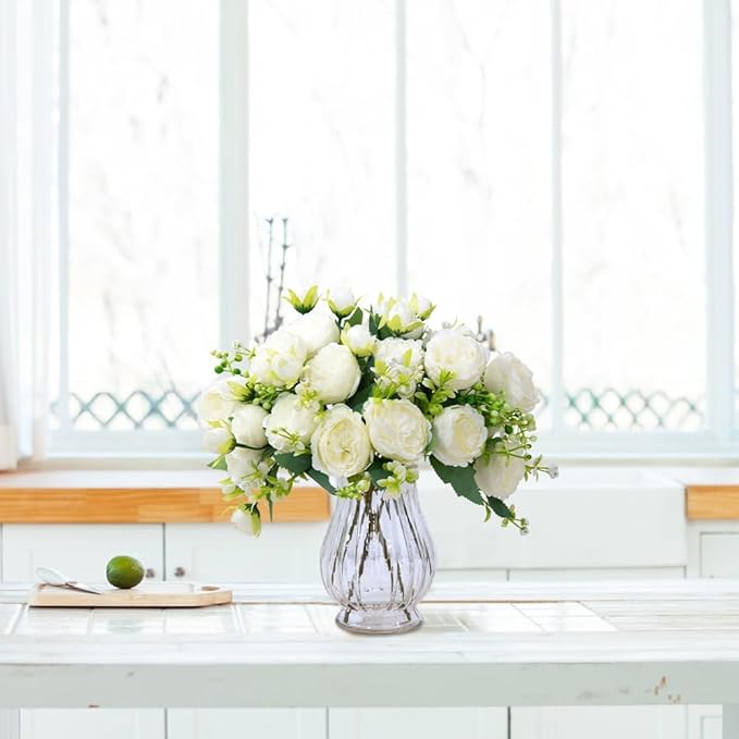 Artificial Peonies Silk Flowers in Glass Vase Faux Flowers Bouquets Modern - Image 9