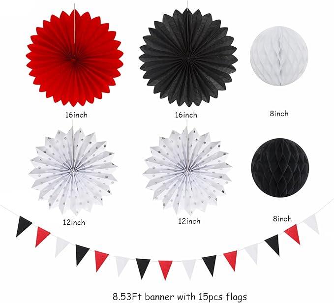Red-Black White Party-Decorations Paper-Flowers Lanterns - Image 2