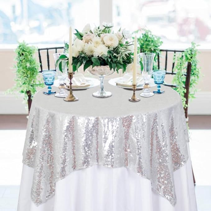 ShinyBeauty Silver Tablecloths 36X36 Inch 2 Pieces Sequin Table Cloth - Image 4