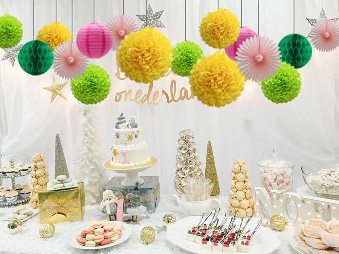 Party Decorations Kit Hanging Paper Fan Tissue Pom Poms Flowers Honeycomb Balls - Image 4