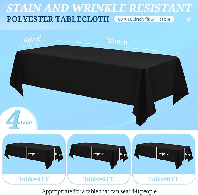 4 Pack Black Tablecloths for 6ft Rectangle Tables 60 x 102 Inch - Image 2