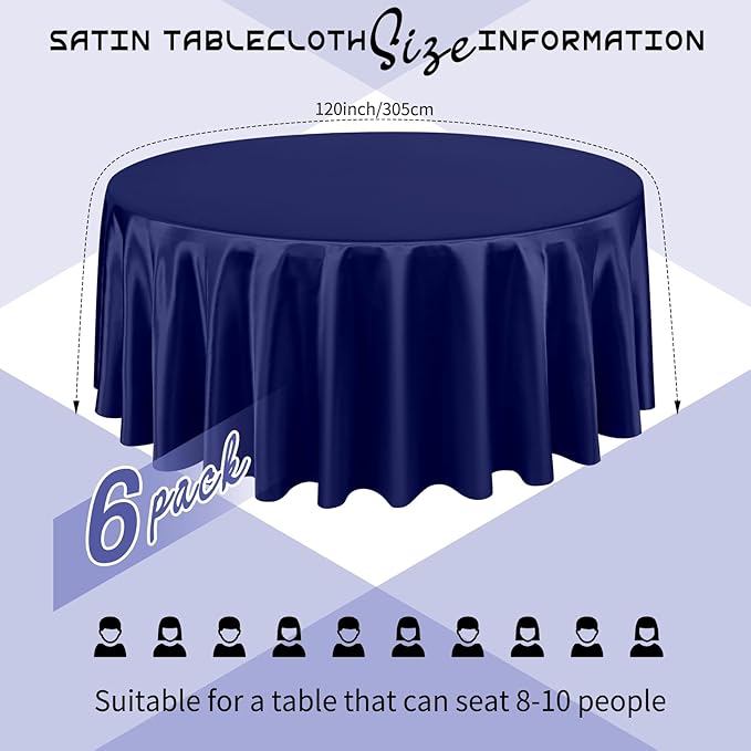 6 Packs Satin Tablecloth 120 Inch Navy Blue Round Table Cloth Silk Tablecloth - Image 2