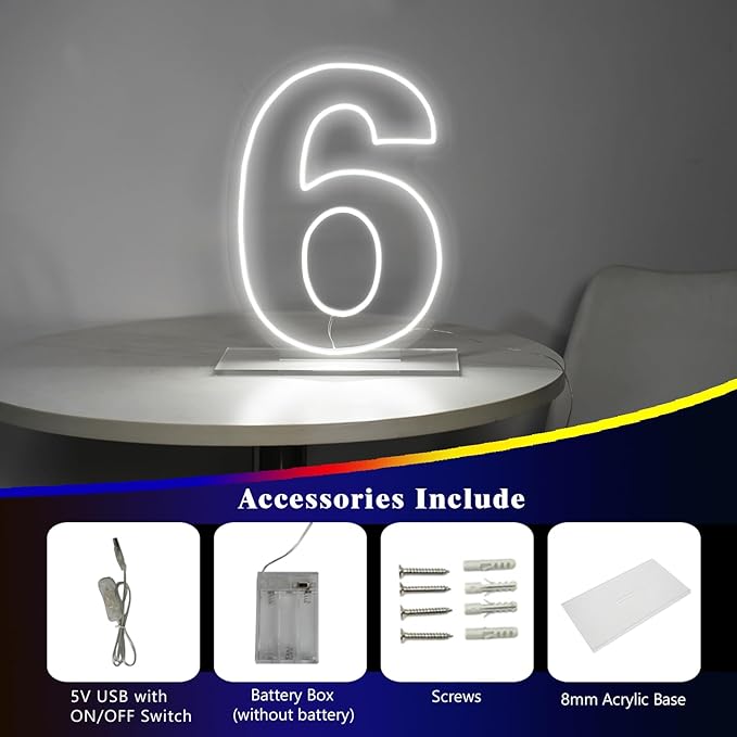 Number 6 Neon Sign for Birthday, 16.54" Cool White USB Battery Powered Led Neon - Image 5