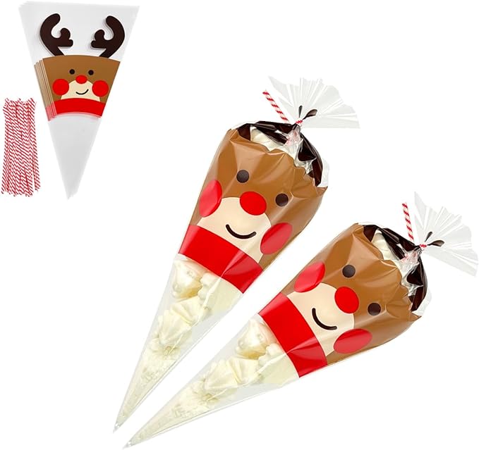 EKAPACKAGING 50Pcs 6x10 Inches Reindeer Print Cone Shaped Treat Bags - Image 6