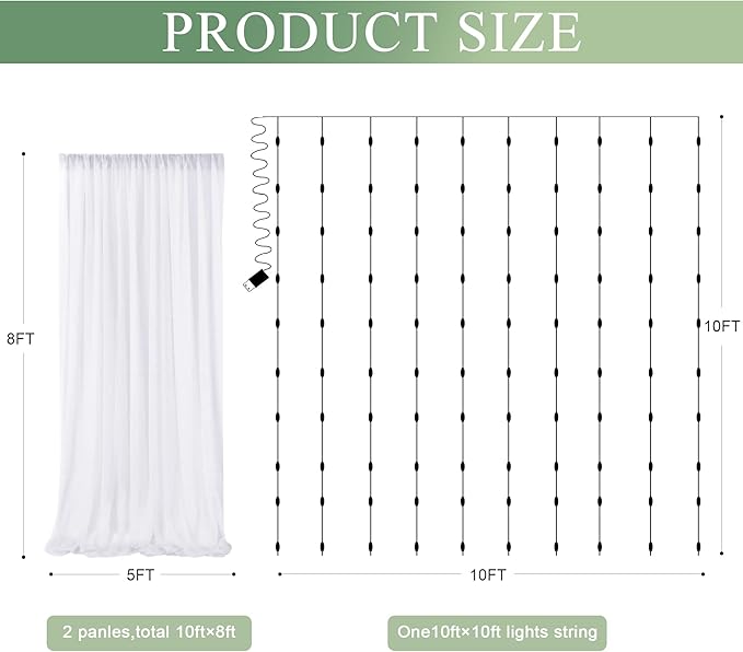 Tulle Backdrop Curtain with Lights String 10FT X 8FT White Sheer Tulle Backdrop - Image 2