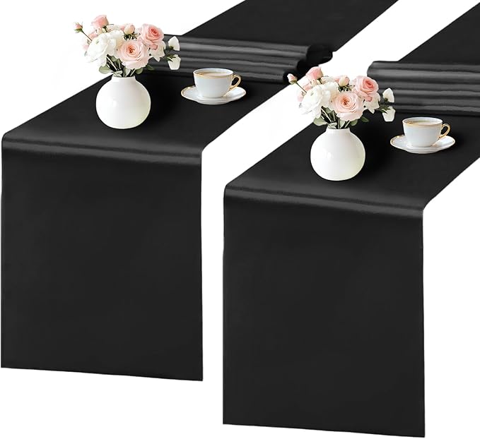 SHEJIZE 2 Pack Black Satin Table Runner 12x108 Inches Long, Bright Silky Smooth by SHEJIZE