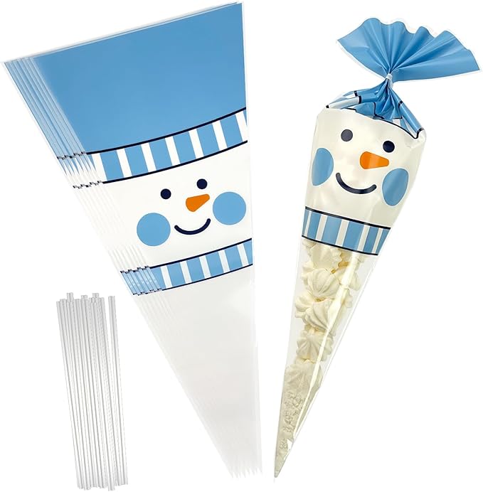 EKAPACKAGING 50Pcs 7x15 Inches Snowman Print Cone Shaped Treat Bags - Image 6