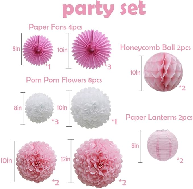 16pcs Pink Party Decorations Paper Pom Poms Honeycomb Balls Lanterns Tissue Fans - Image 2