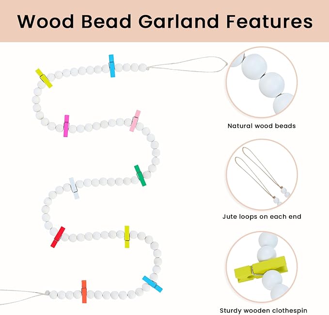 Hanging Photo Display with Clips, Boho Wooden Bead Garland Collage Picture - Image 5