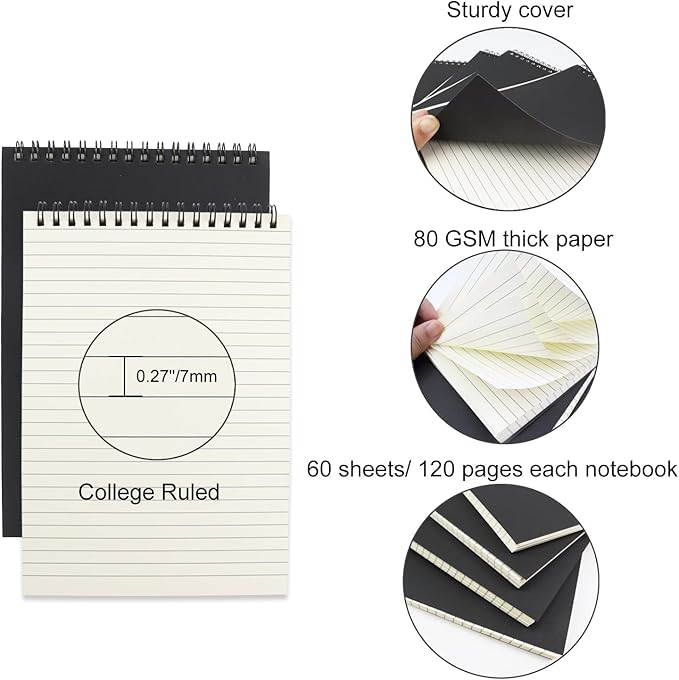 4 Pcs Top Bound Spiral Notebook, 8.3 inch x 5.8 inch, 60 Sheet, 7mm College - Image 3