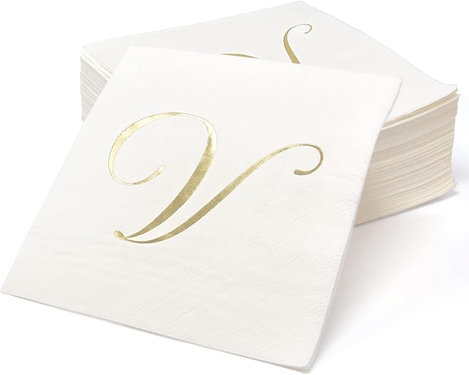 Gift Boutique 100 Gold Monogram Cocktail, Letter V Disposable Paper Pack - Image 2