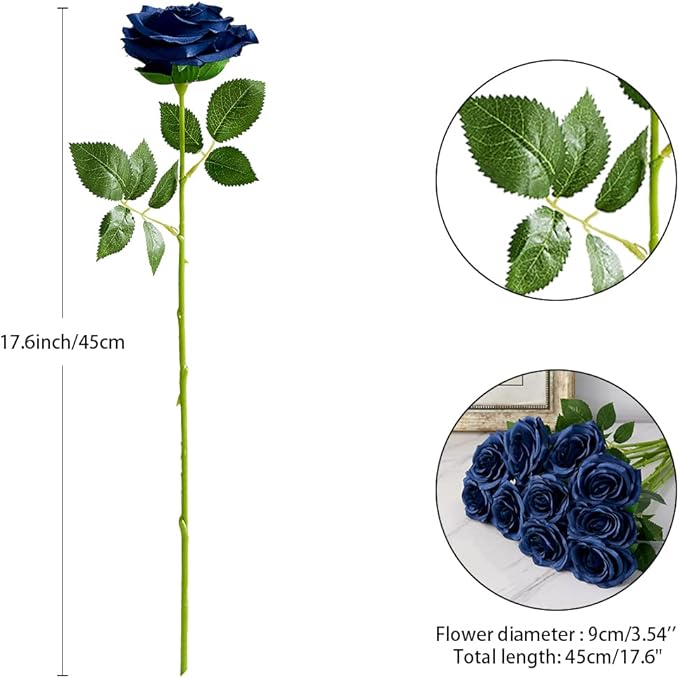 Artificial Rose 10pcs Open Flower Bouquet Navy Blue Faux Rose Stems - Image 4