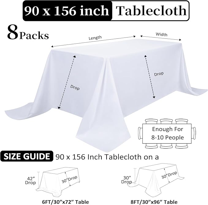8 Pack White Table Cloth 90 x 156 Inch Rectangular Tablecloths - Image 2