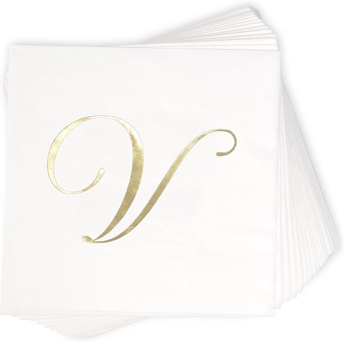 Gift Boutique 100 Gold Monogram Cocktail, Letter V Disposable Paper Pack - Image 4