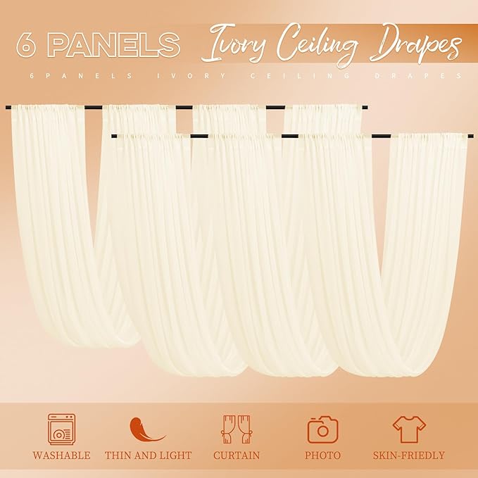 6 Panels Ivory Ceiling Drapes for Wedding 5ftx10ft Wedding Arch Draping Fabric - Image 8