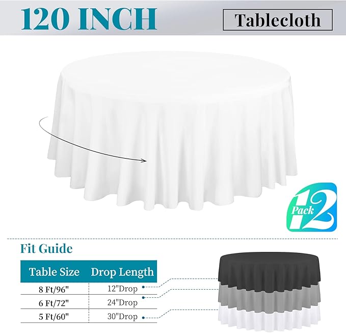 12 Pack 120 Inch Round Tablecloth, Washable Tablecover - Image 2