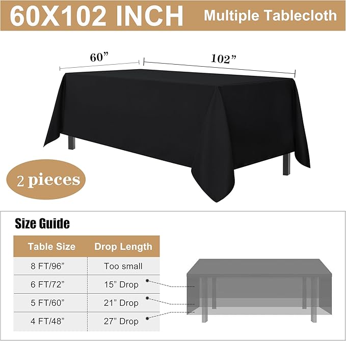 sancua 2 Pack Black Tablecloth 60 x 102 Inch, Rectangle 6 Feet Table Cloth - Image 7