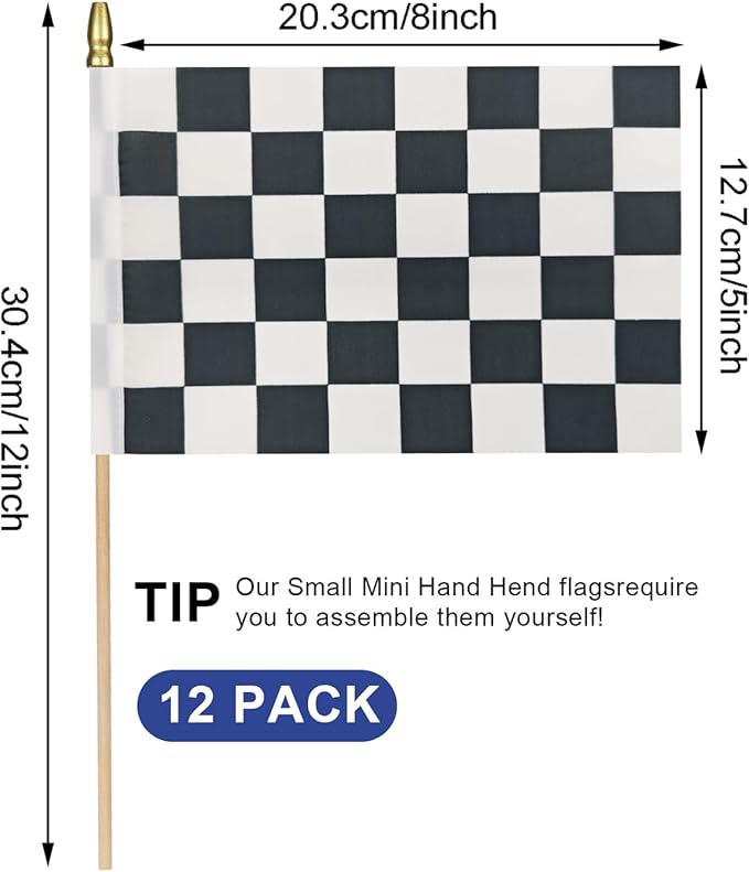 12Pcs Small Checkered Black and White Racing Flags on Wooden Stick Mini Race - Image 2