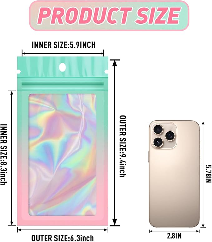 Funfery 100 Pack Gradient Holographic Bags, Mylar Resealable Bag - Image 2