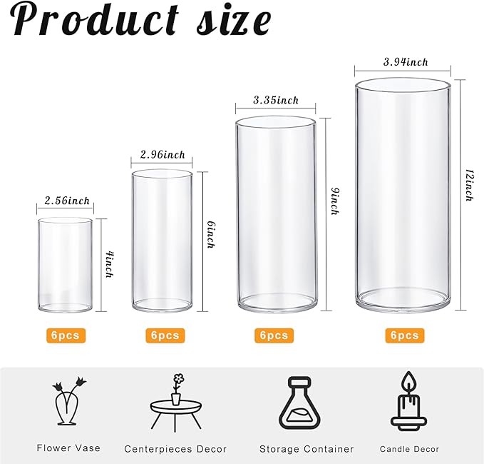 24 Pack Thick Glass Cylinder Vases 4, 12 Inch Tall Clear Flower Vase Hurricane - Image 2