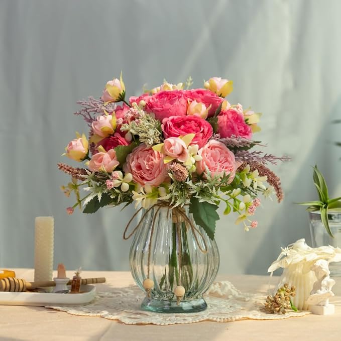 Artificial Peonies Silk Flowers Bouquet in Glass Vase Faux Flowers Bouquets - Image 5