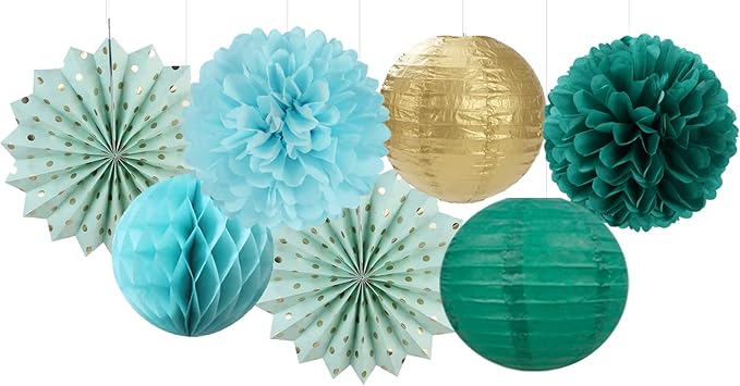 Sage-Green Teal-Blue Party-Decorations Streamers Lanterns - Image 4